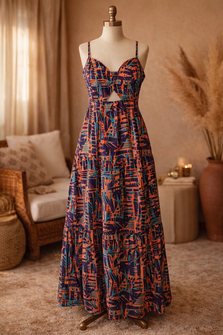 D’IYANU Kenyatta Maxi Dress 1X Orange Purple Teal Cotton Tiered Pockets Cutout